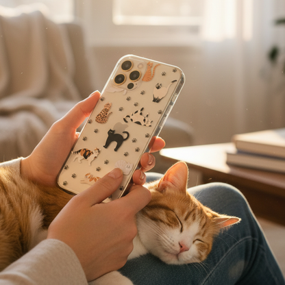 woman holding Clear Cat Phone case in everyday life