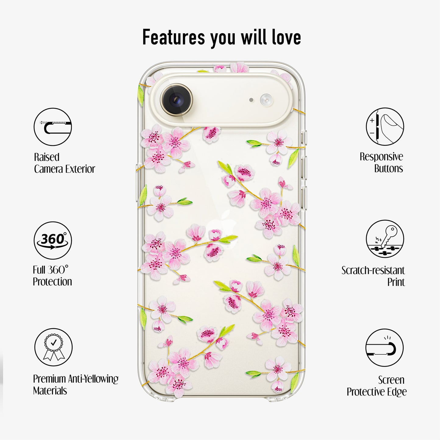 Clear Cherry Blossoms Phone Case showing scratch-resistant print, anti- yellow materials and 360 protection features 