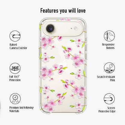 Clear Cherry Blossoms Phone Case showing scratch-resistant print, anti- yellow materials and 360 protection features 