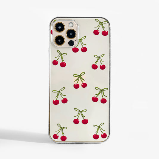 Clear Cherry Bow Phone Case with cute fruit design