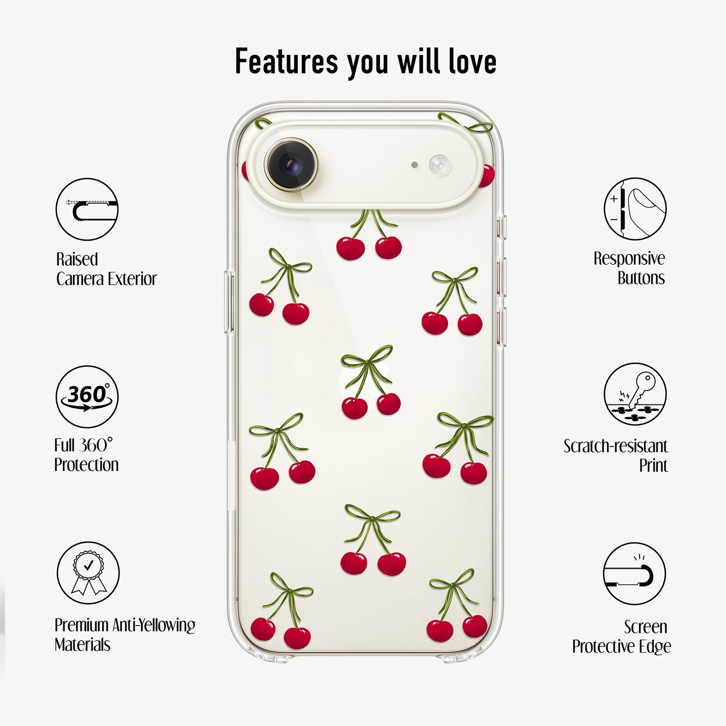 clear phone case with cherry design showing features like anti-yellow materials, raised camera and 360 protection