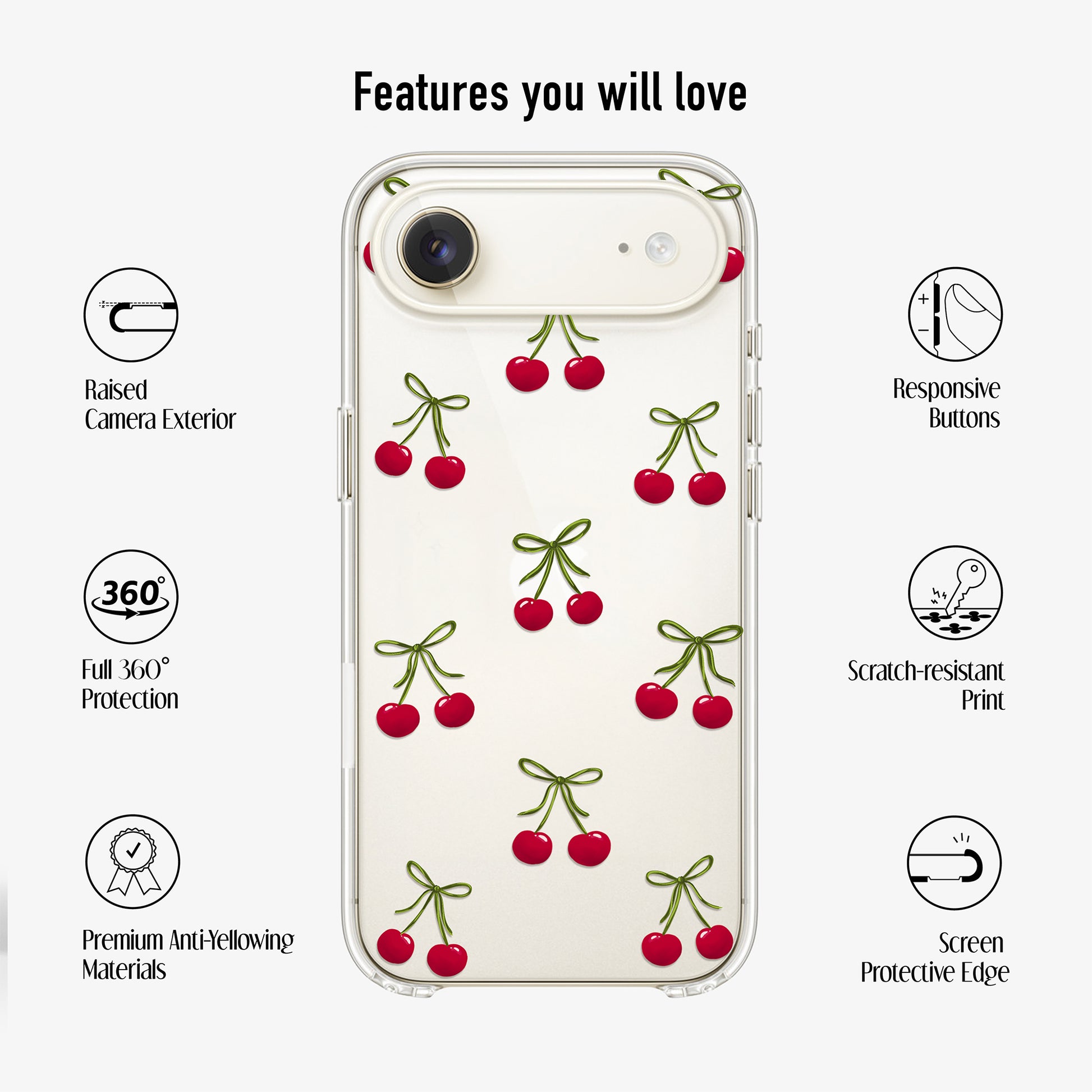 clear phone case with cherry design showing features like anti-yellow materials, raised camera and 360 protection
