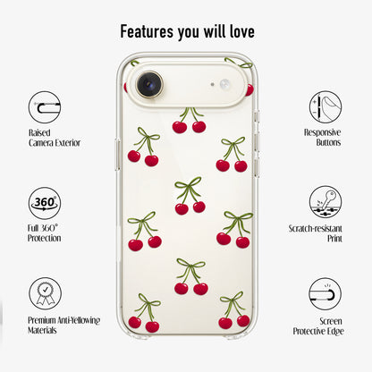 clear phone case with cherry design showing features like anti-yellow materials, raised camera and 360 protection