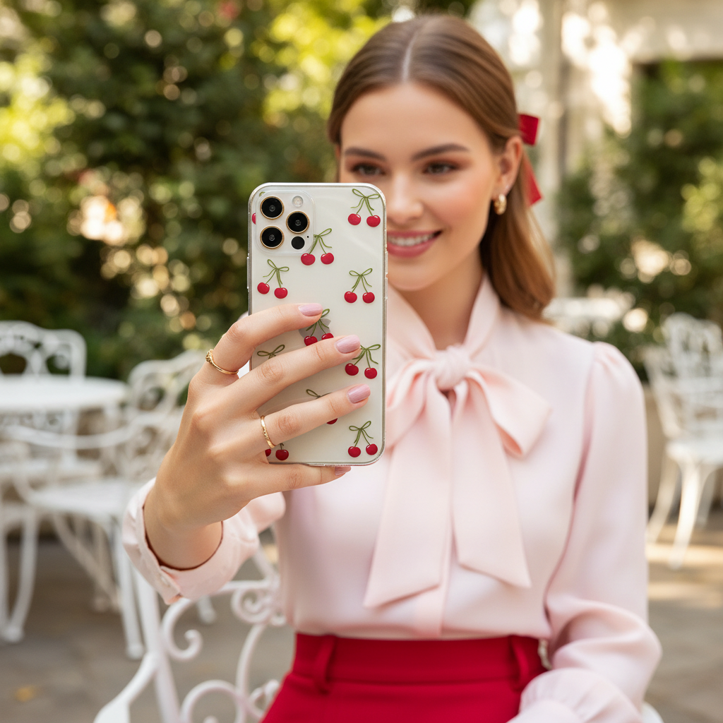 woman taking selfie with Clear Cherry Bow Phone Case showing everyday use 
