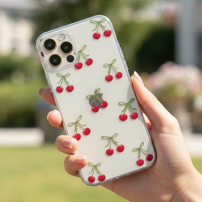 Clear Cherry Bow Phone Case held in hand showing everyday use