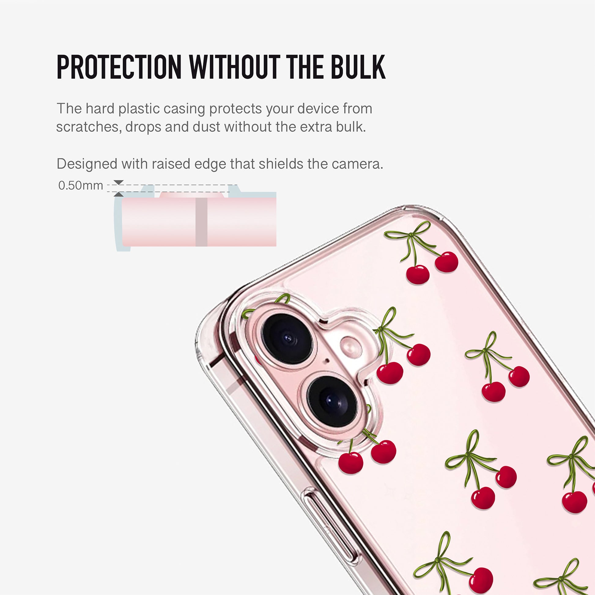 Phone case with cherry design and raised camera edges for extra lens protection