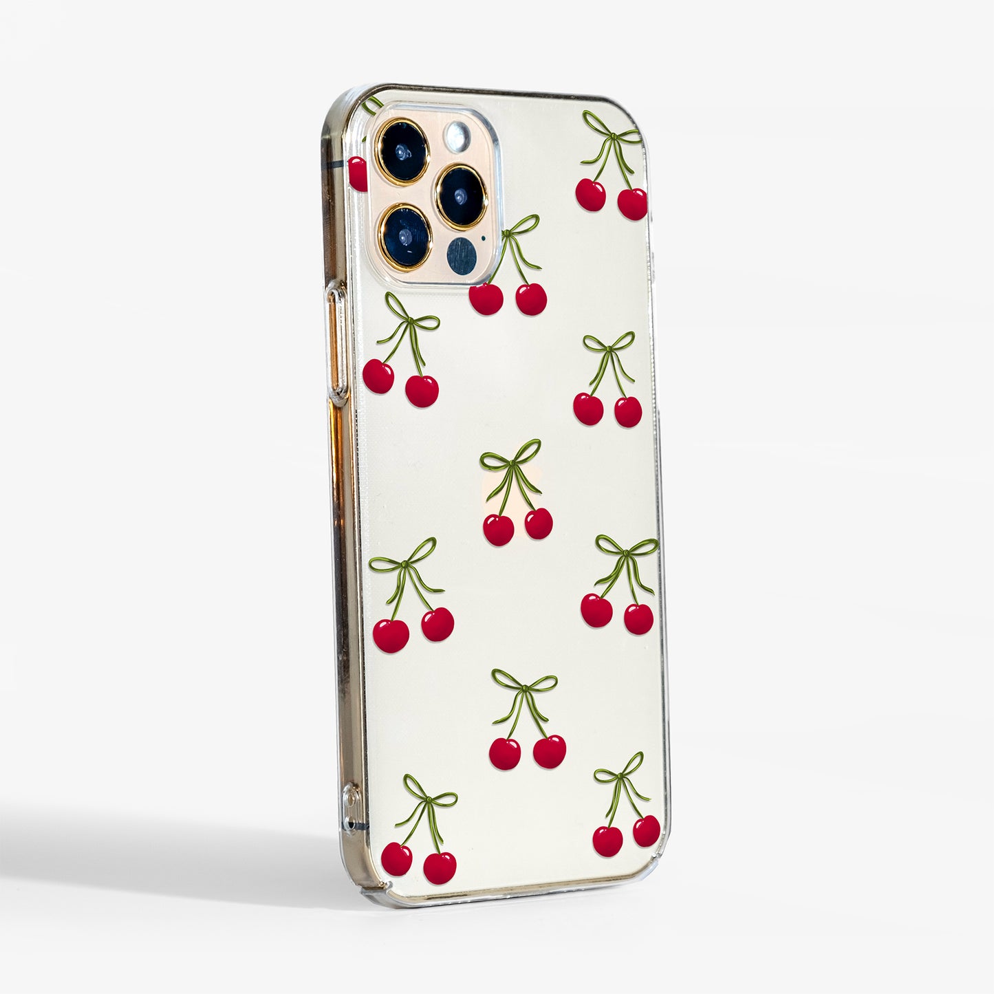 Clear Cherry Bow Phone Case showing clear sides and slim fit 