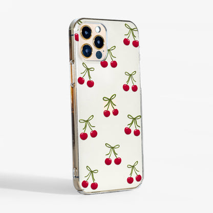 Clear Cherry Bow Phone Case showing clear sides and slim fit 