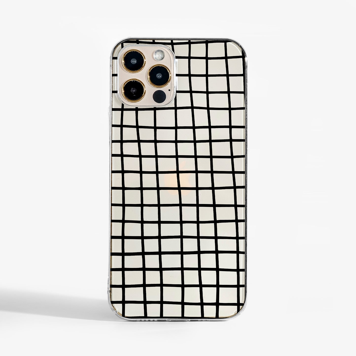 Minimal Clear phone case featuring geometric black lines grid pattern for modern style.