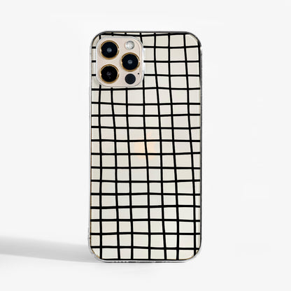 Minimal Clear phone case featuring geometric black lines grid pattern for modern style.