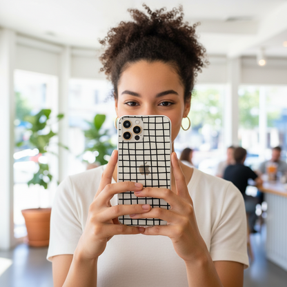 Person holding a phone with a clear phone case featuring minimal geometric line design