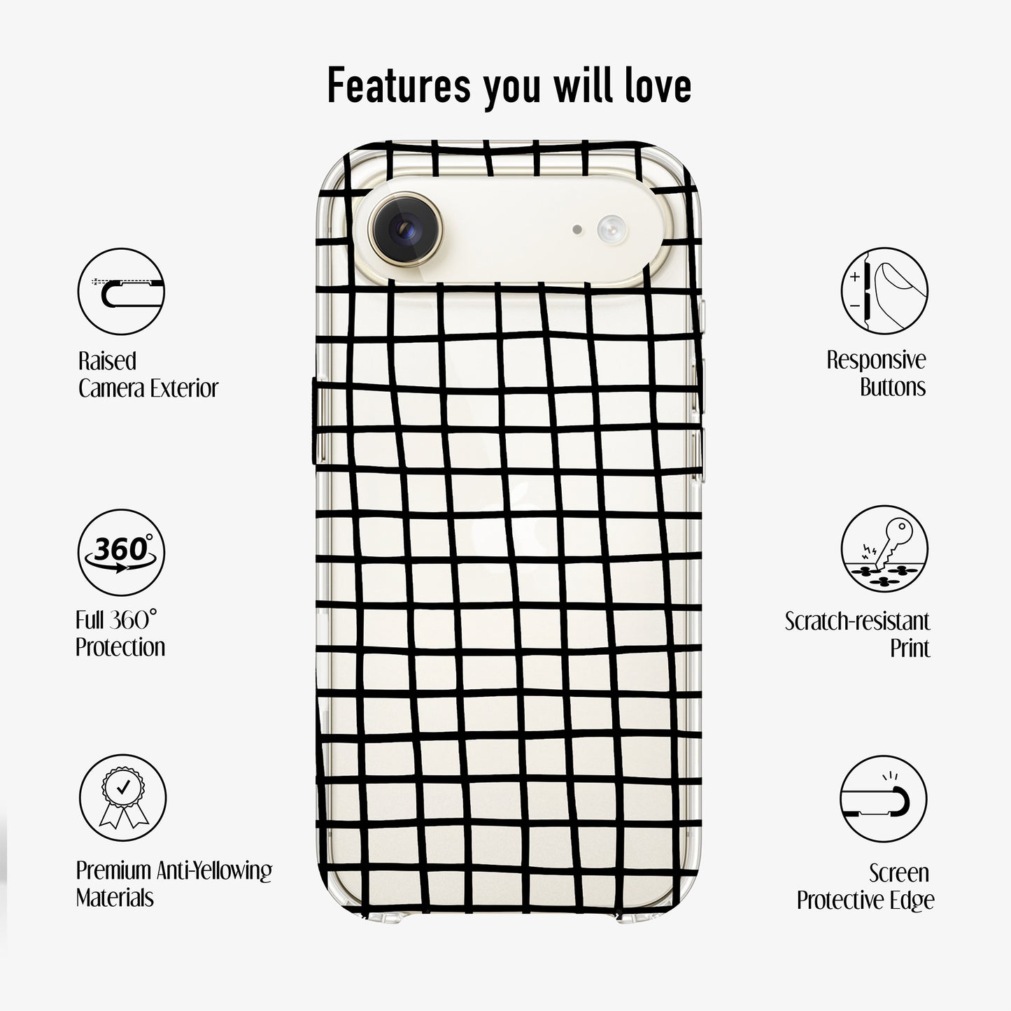 Clear Cross Stripe Phone Case with features such as scratch -resistanet print, Anti-yellowing materilas and 360 protection