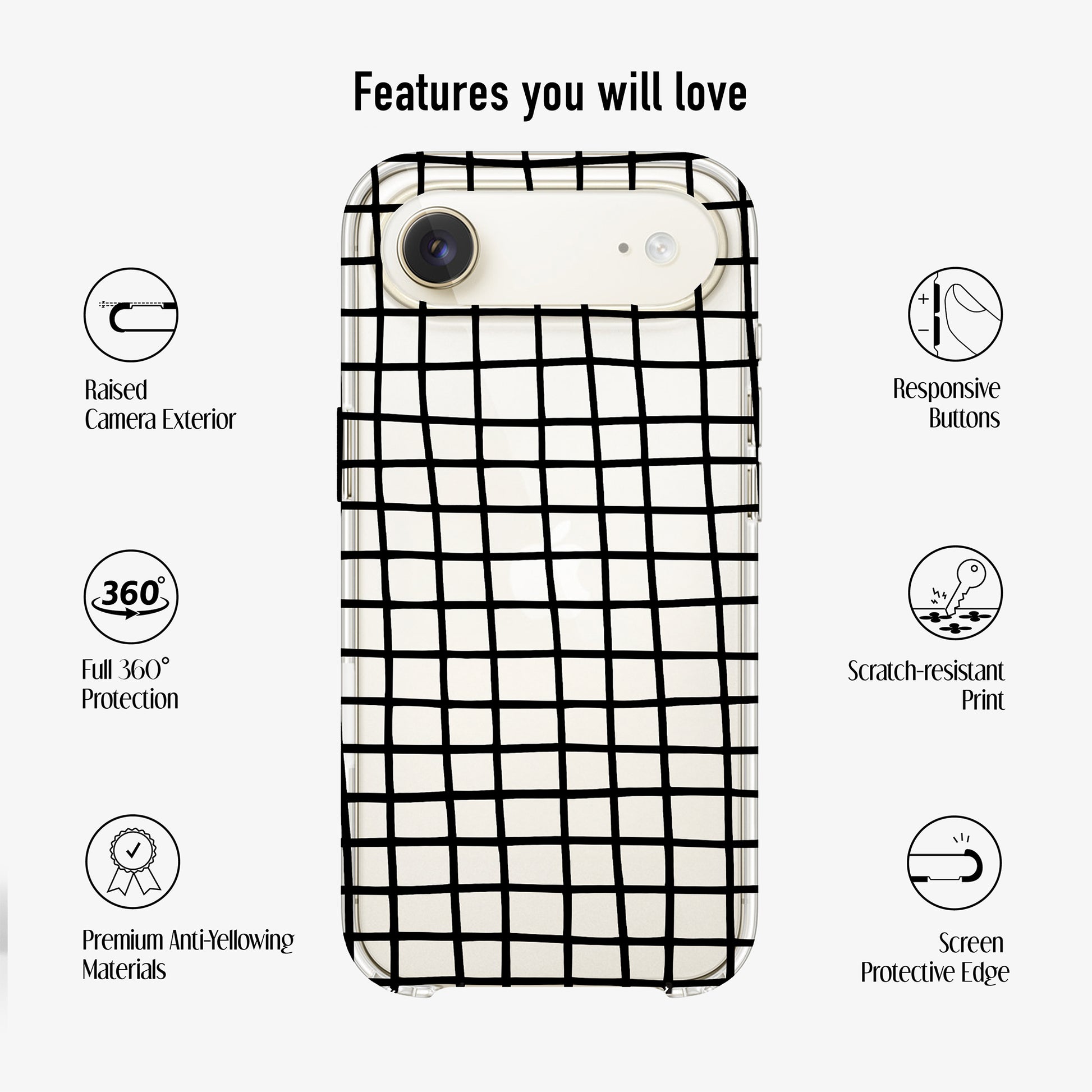 Clear Cross Stripe Phone Case with features such as scratch -resistanet print, Anti-yellowing materilas and 360 protection