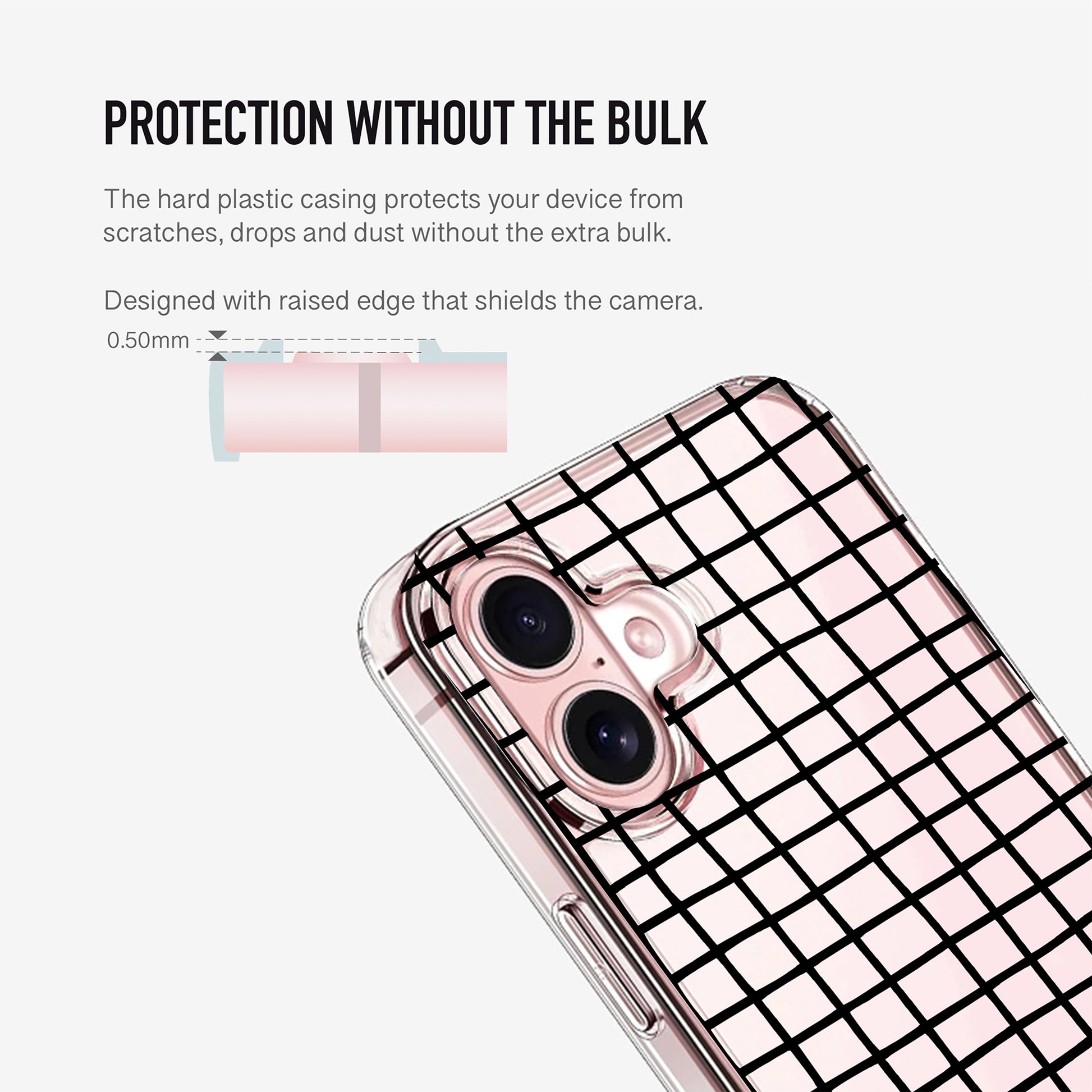 Phone case with a playful black line design arranged in a grid pattern showing raised camera edges for extra lense protection.