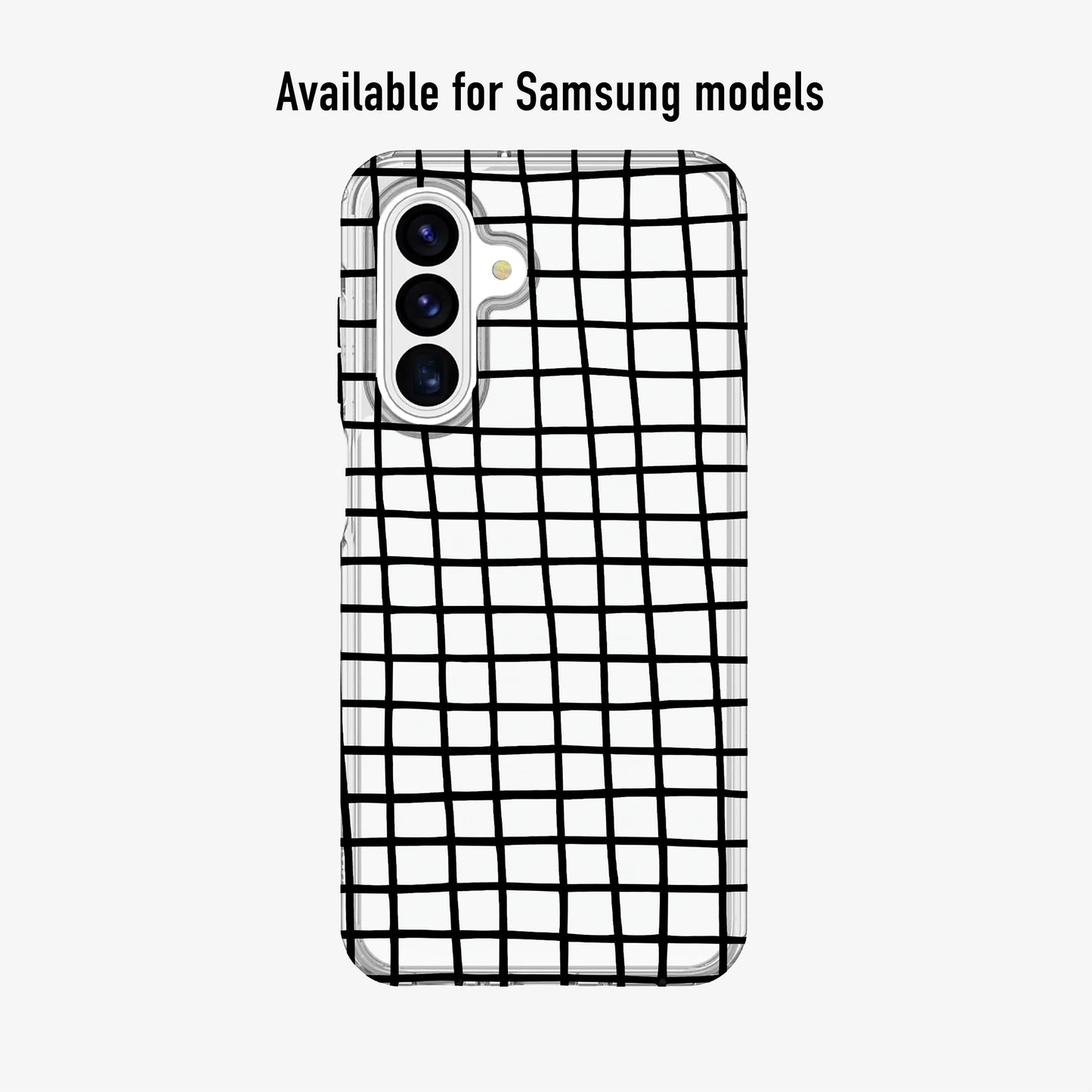 Minimal phone case featuring black grid pattern on a clear background available for Samsung and Android