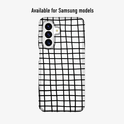 Minimal phone case featuring black grid pattern on a clear background available for Samsung and Android