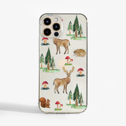 Clear phone case with watercolour woodland design featuring deer and forest animals