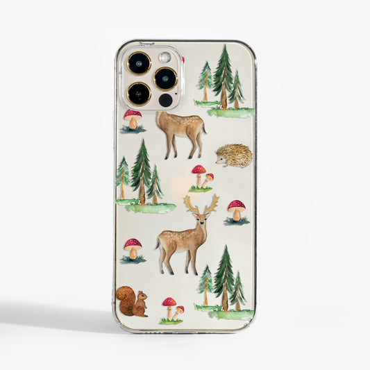 Clear phone case with watercolour woodland design featuring deer and forest animals