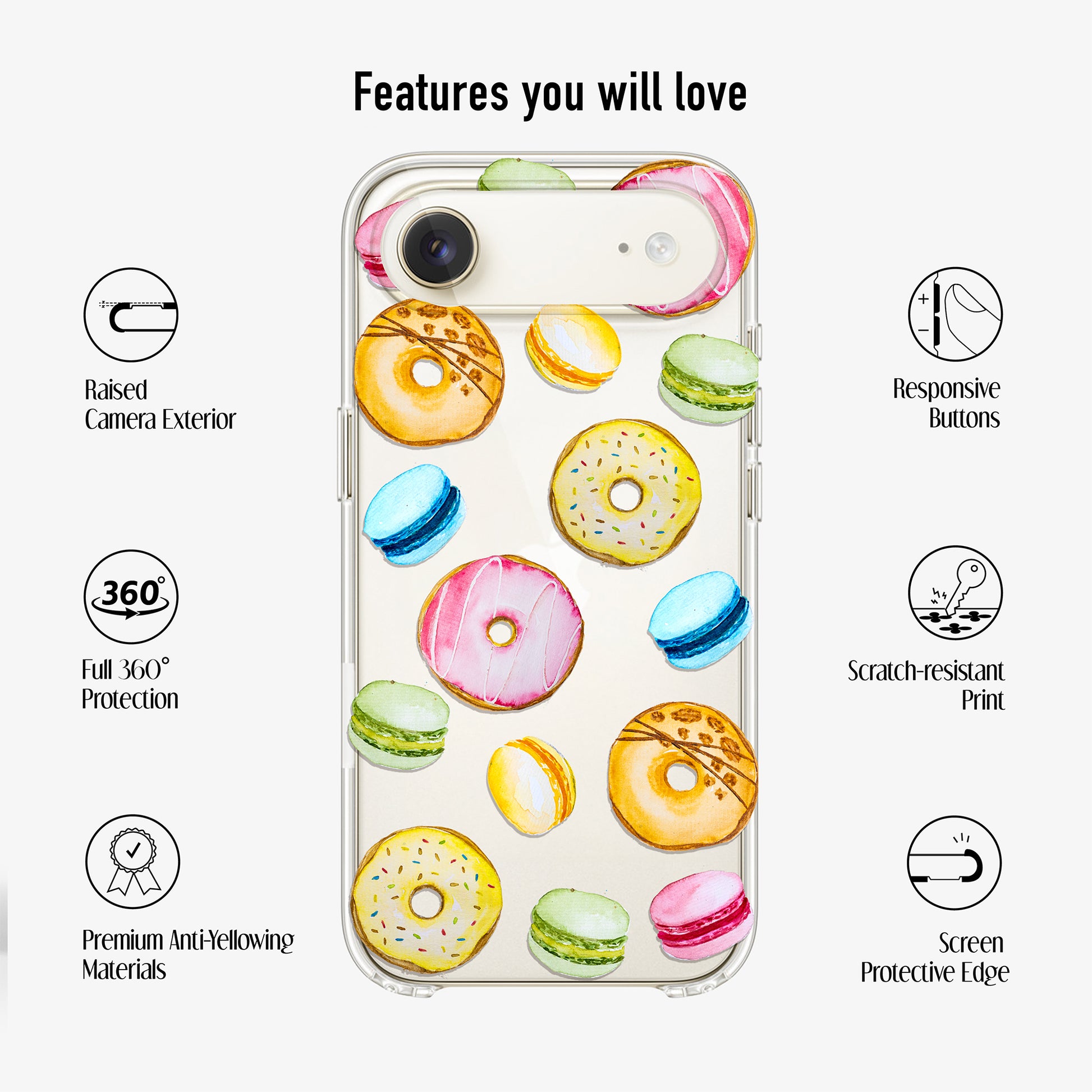Clear Dessert Phone Case with scratch-resistant print, anti-yellow material, and 360 protection features