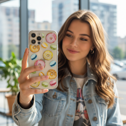 Woman holding a phone with a colorful case featuring donuts and macarons
