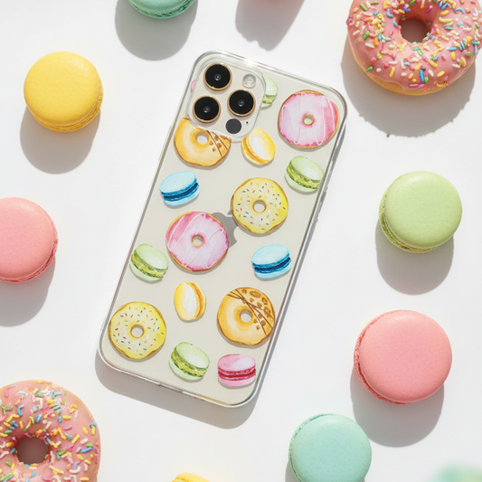 Clear Phone case with donut and macaron design 