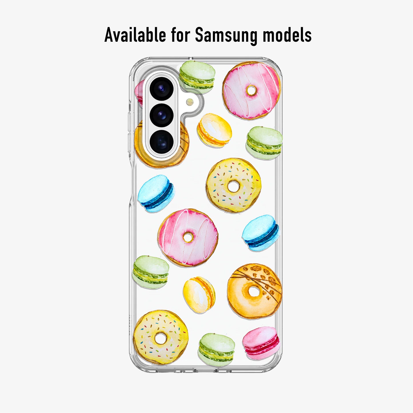 Phone case with watercolour donut and macaron design available for samsung models