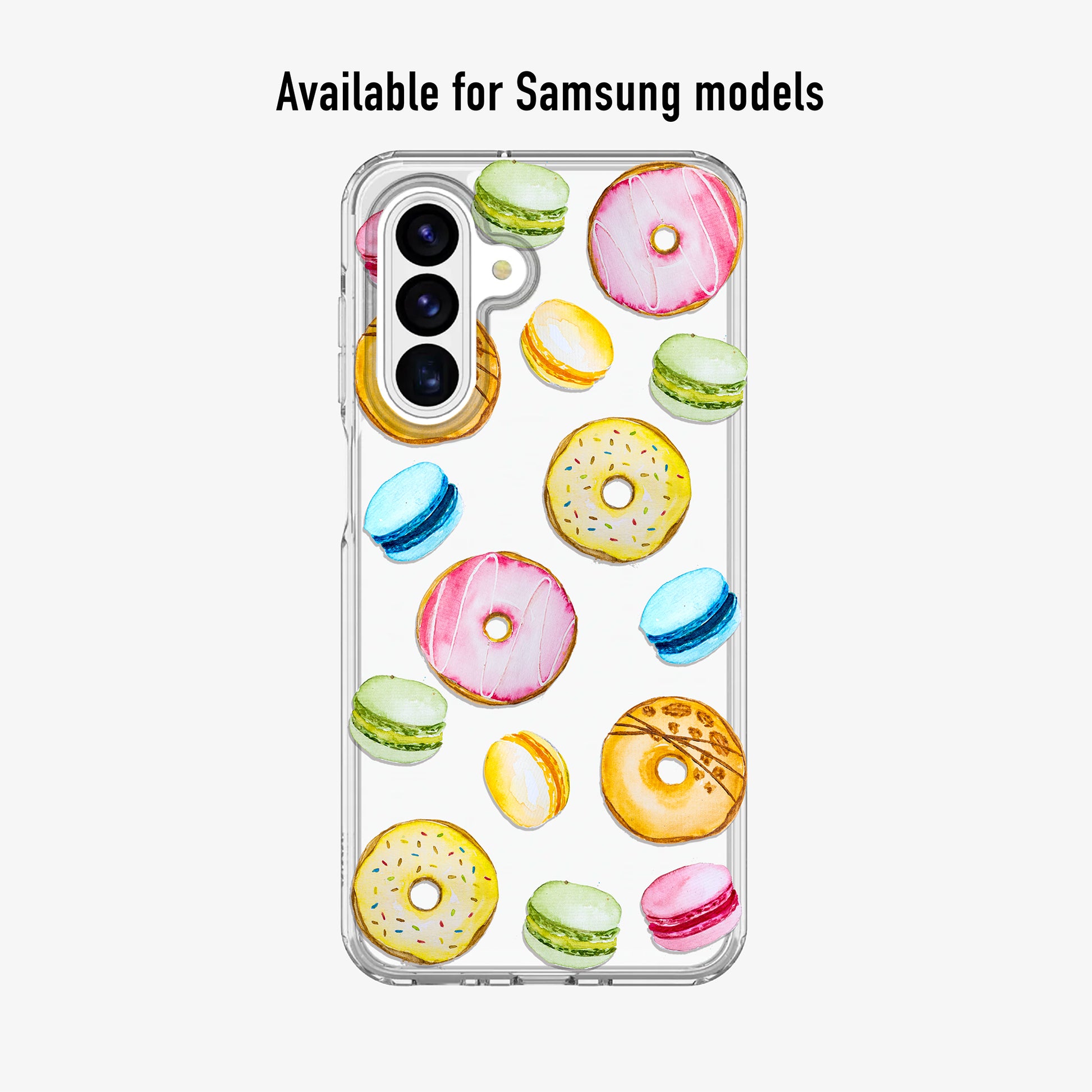 Phone case with watercolour donut and macaron design available for samsung models