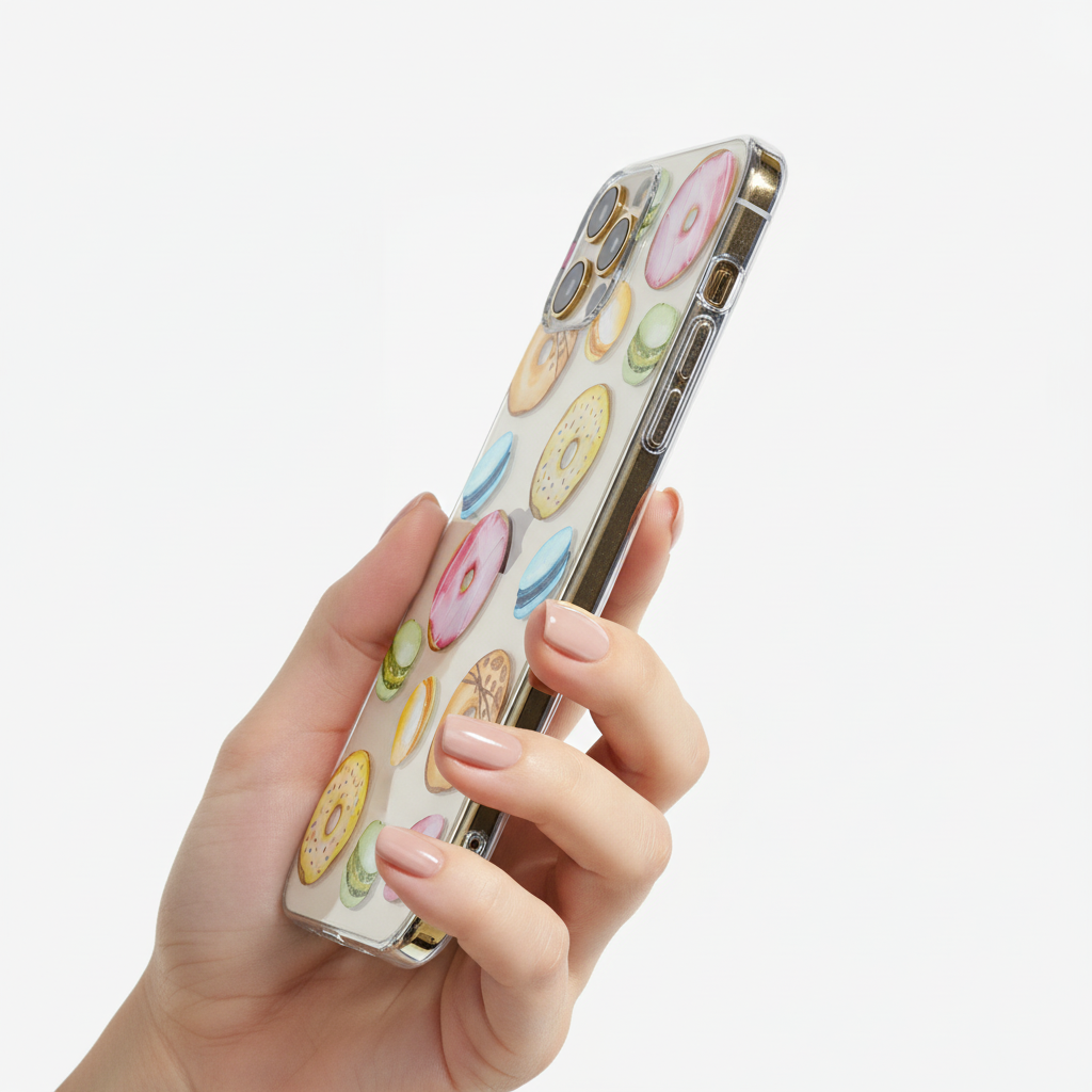 Phone case with donut pattern held by a hand showing transparent sides and responsive buttons