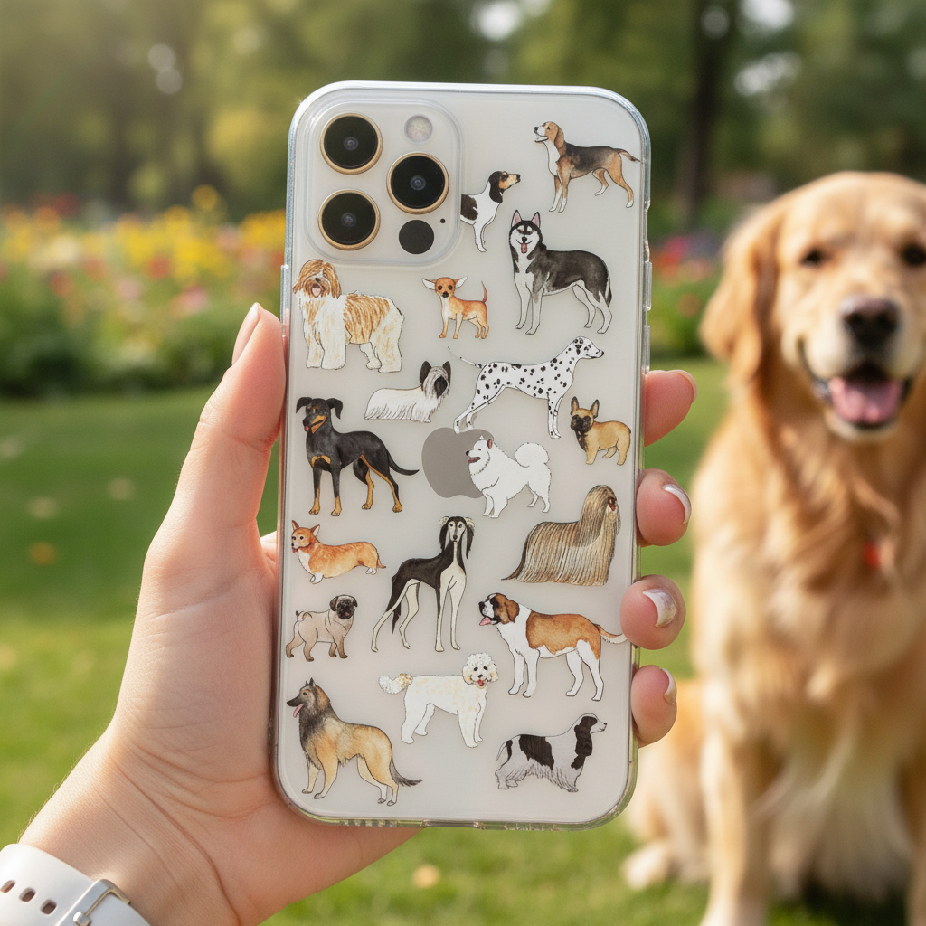 woman holding iPhone with cute dogs phone case showing it in everyday use