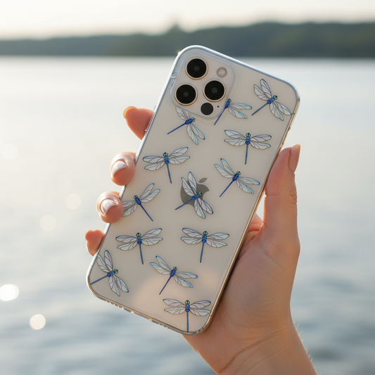 Clear Dragonfly Phone Case featruing watercolour dragonflies in use