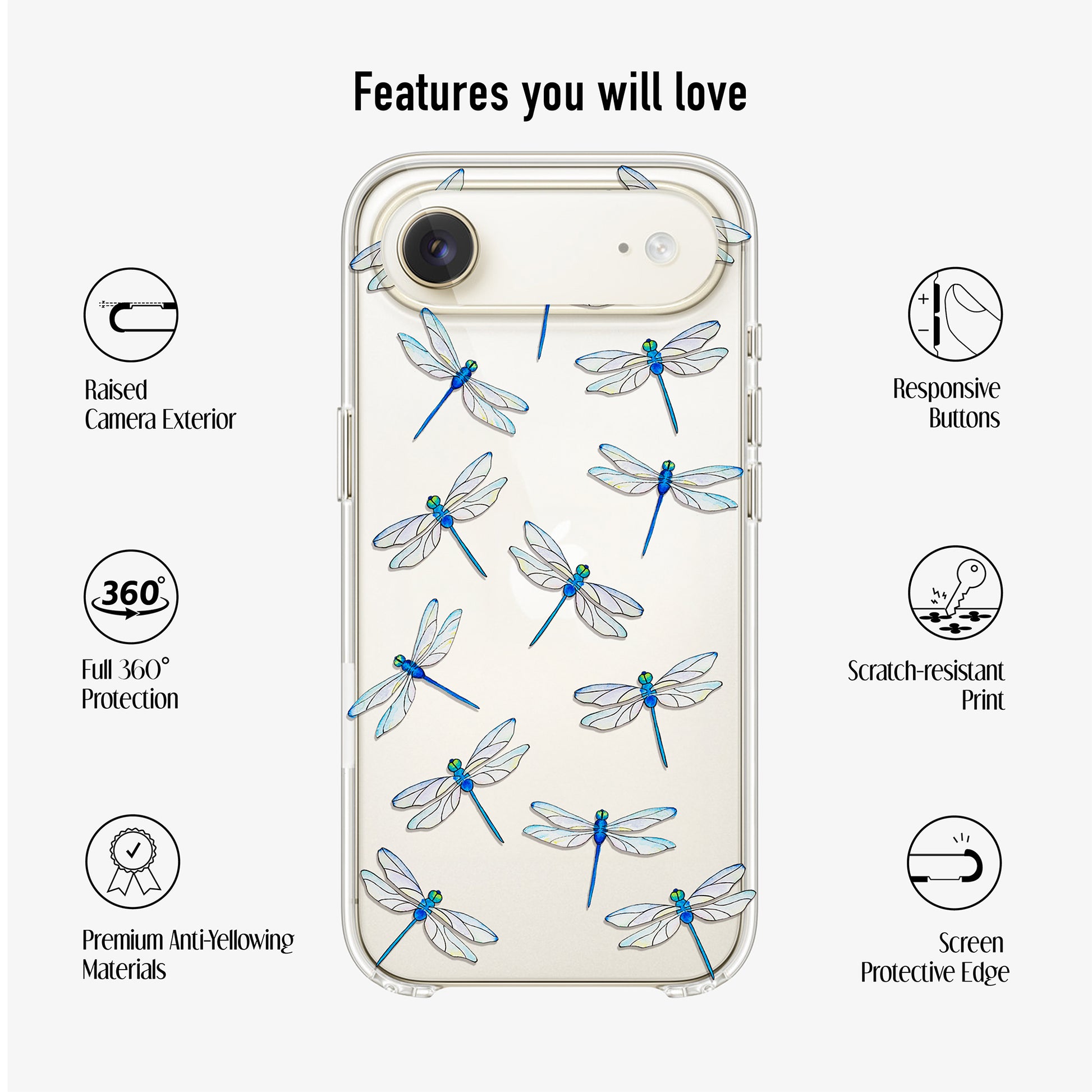 Clear Dragonfly Phone Case with listed features such as scratch-resistant print and 360 protection