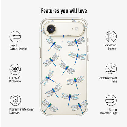 Clear Dragonfly Phone Case with listed features such as scratch-resistant print and 360 protection