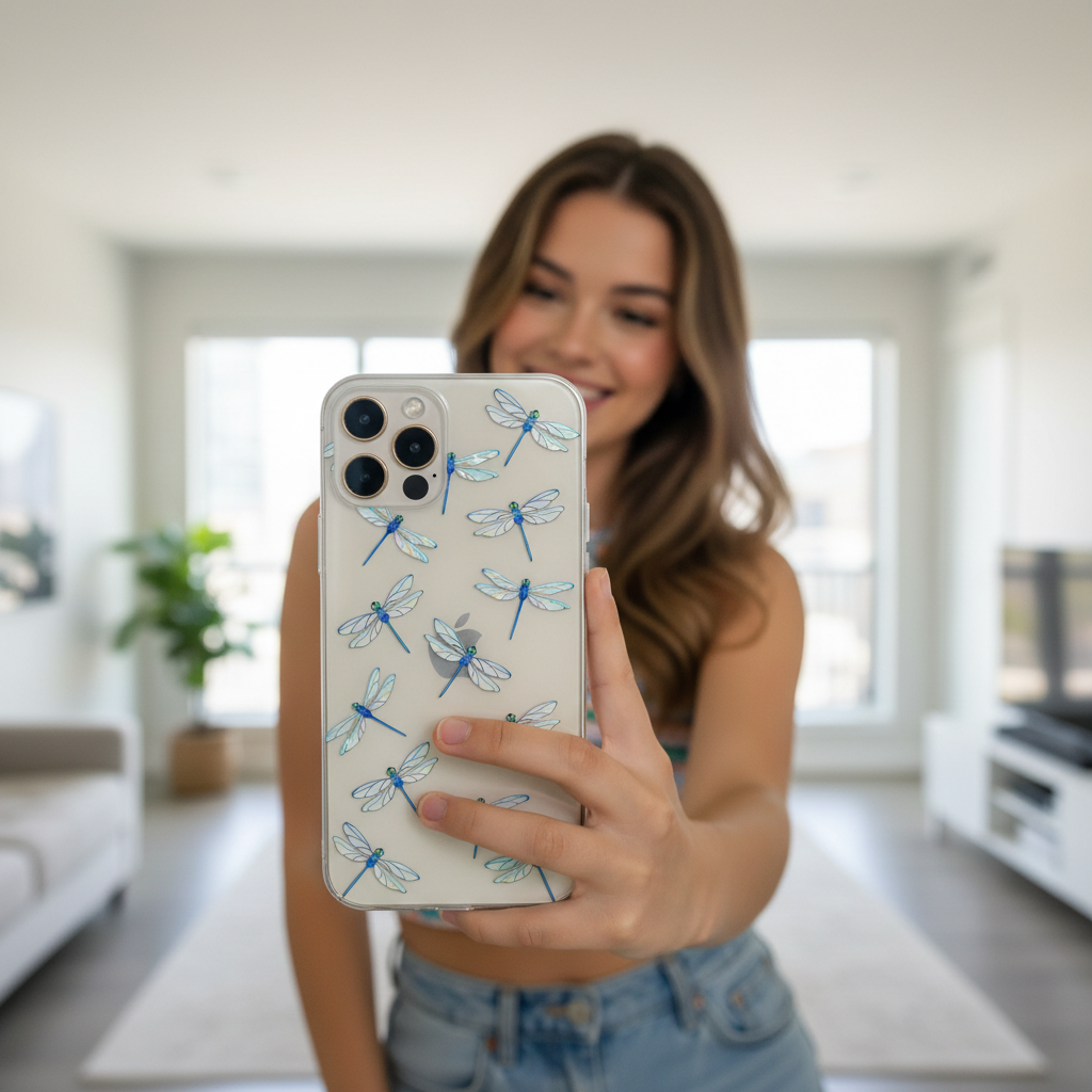Woman holding a phone with a clear dragonfly phone case 