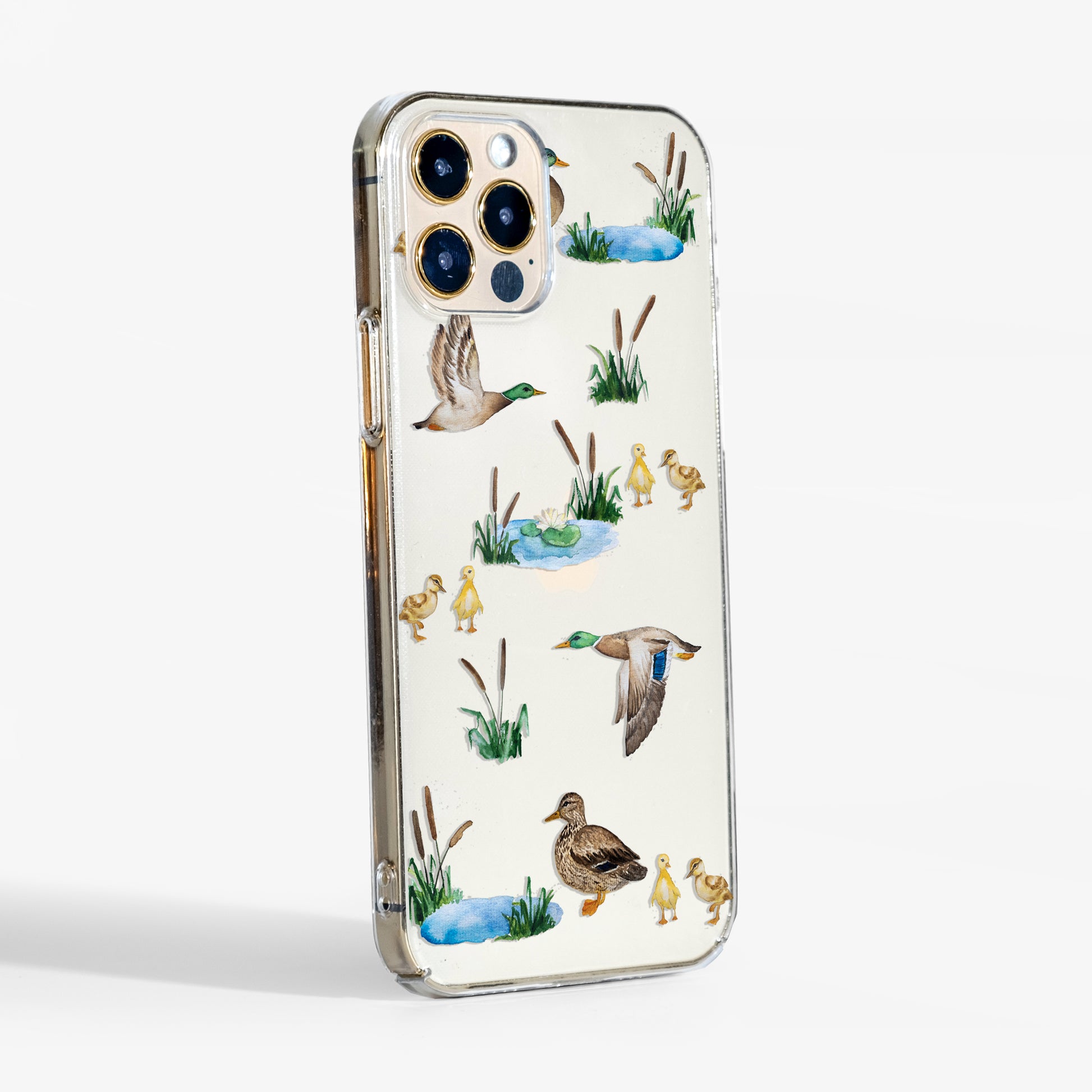 Side view of Ducks clear phone case showing slim profile and clear sides.