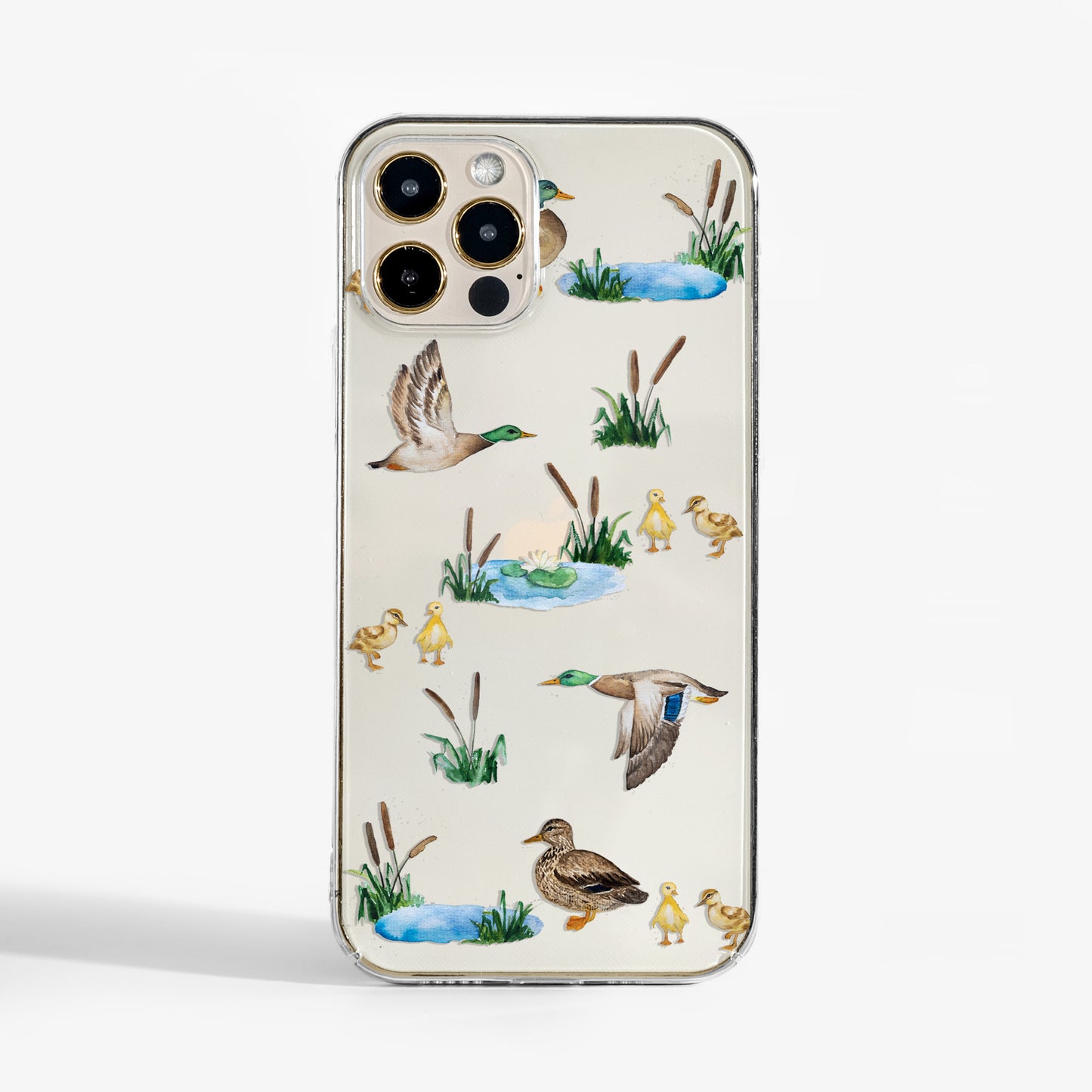 Clear duck phone case with cute illustrated duck design on transparent background