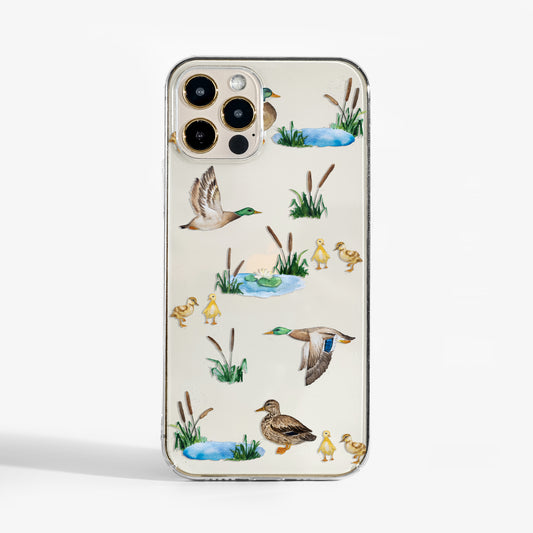 Clear duck phone case with cute illustrated duck design on transparent background