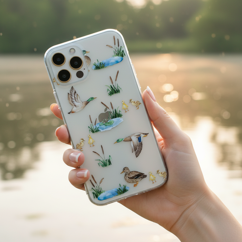 Woman holding clear duck phone case showing playful animal aesthetic