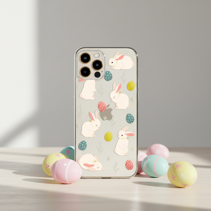 Easter Phone case featuring bunny illustration and easter eggs on a clear background. 