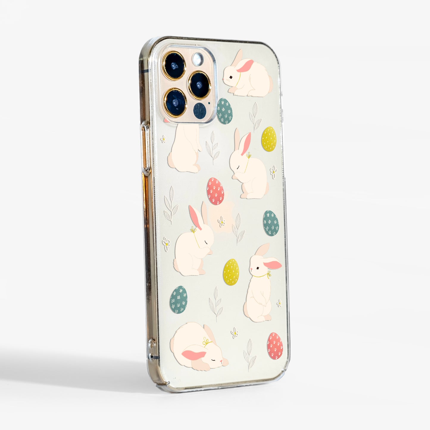 Side view of Easter Bunny clear phone case showing clear sides and slim fit.