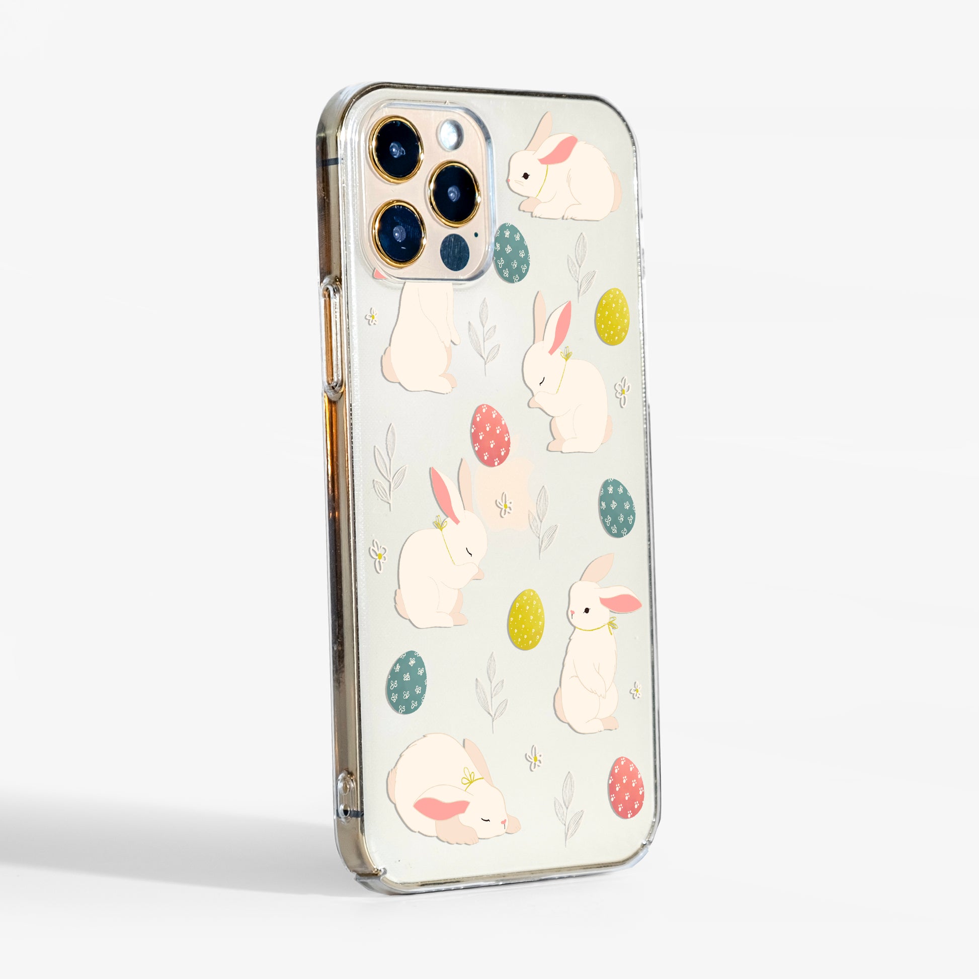 Side view of Easter Bunny clear phone case showing clear sides and slim fit.