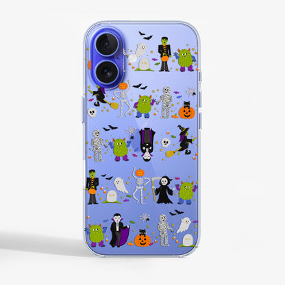 Clear 'Halloween Parade' Phone Case on a purple iPhone 16