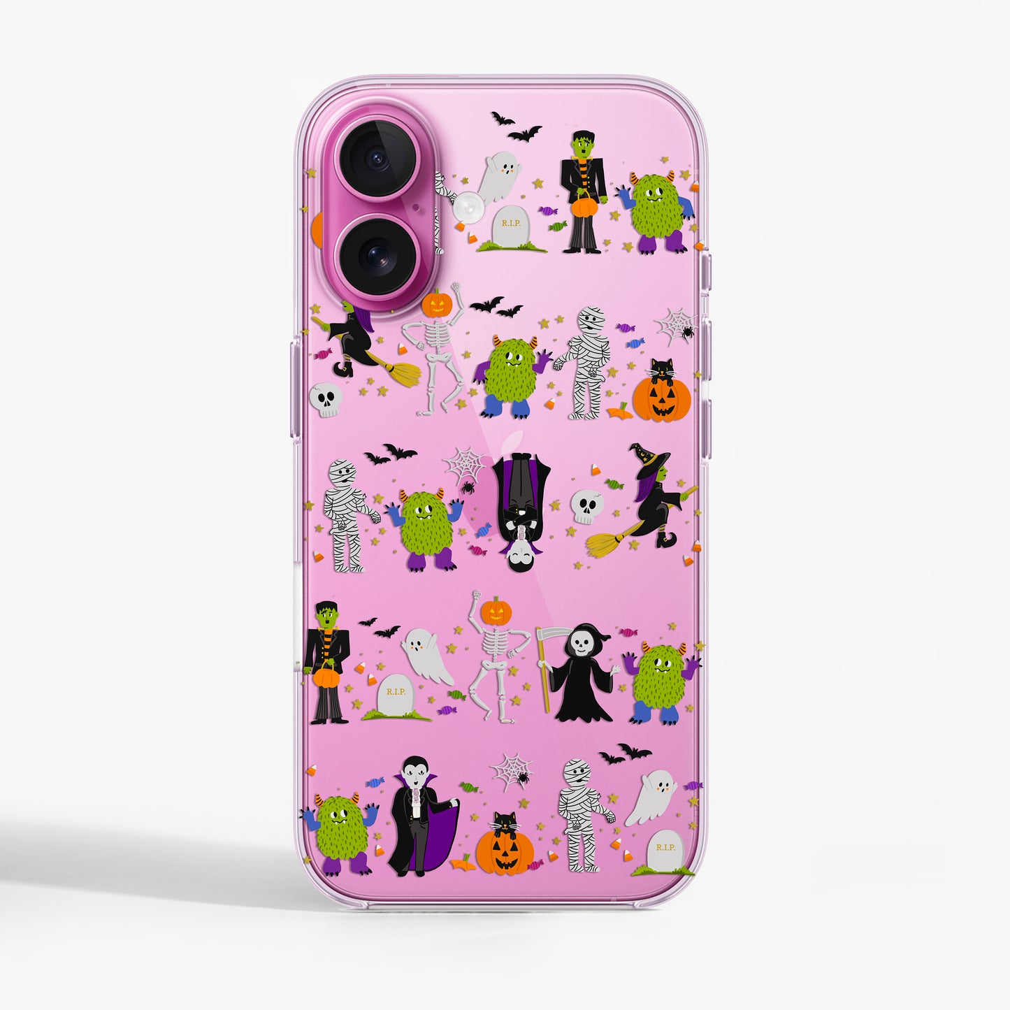 Clear phone case with Halloween-themed illustrations on a pink iPhone 16 case 