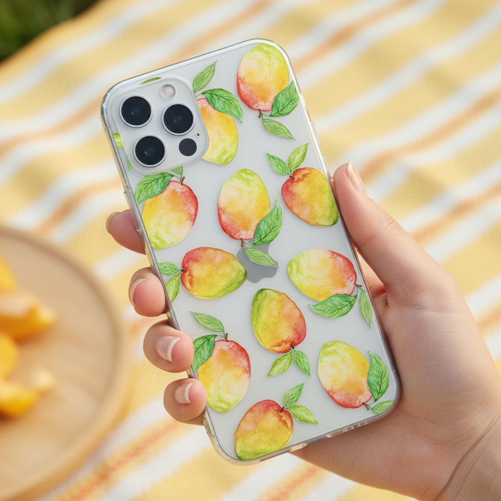 Clear Mango phone case with tropical fruit design