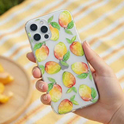 Clear Mango phone case with tropical fruit design