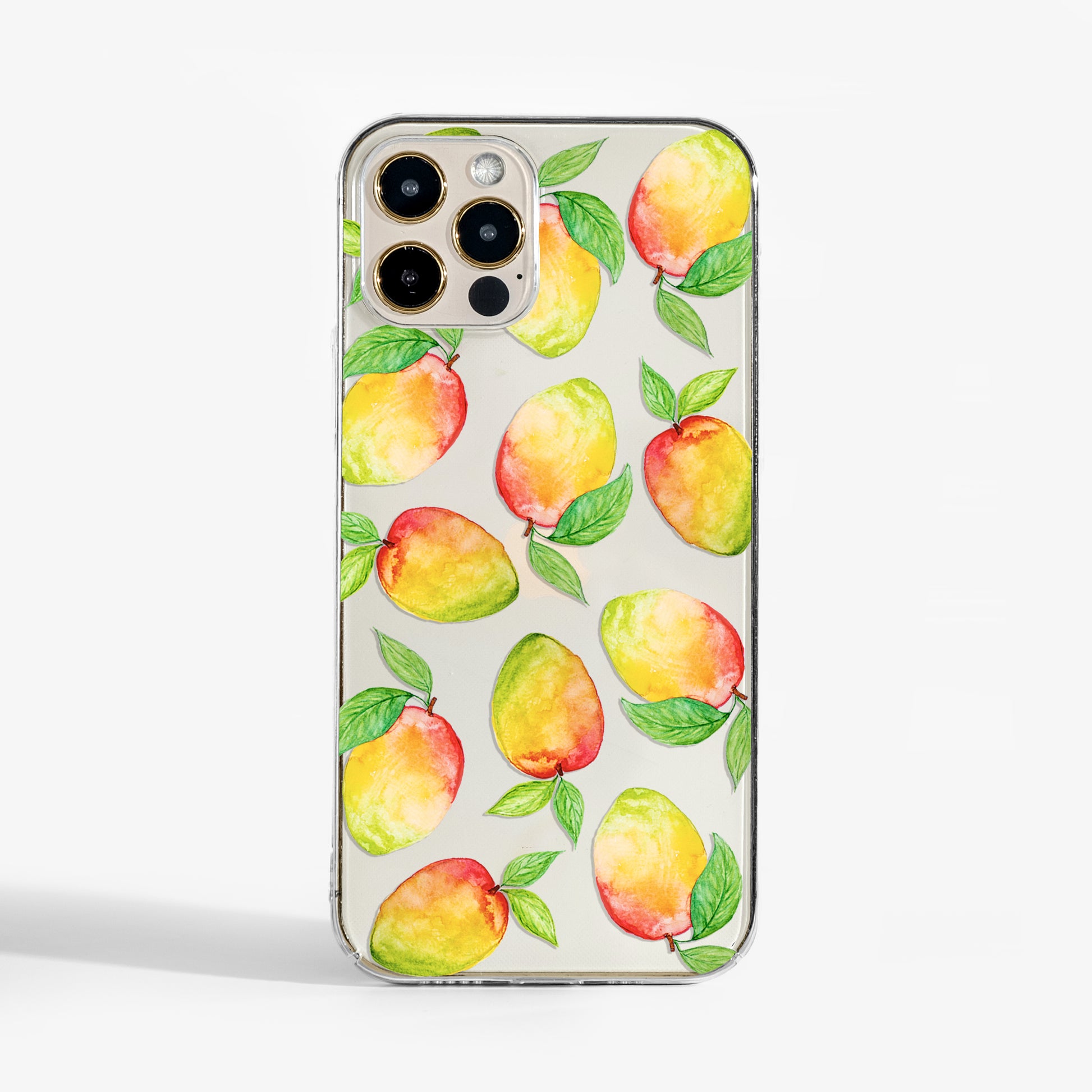 Clear phone case with watercolour mango design and tarnsparent background 