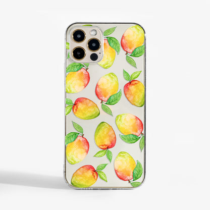 Clear phone case with watercolour mango design and tarnsparent background 