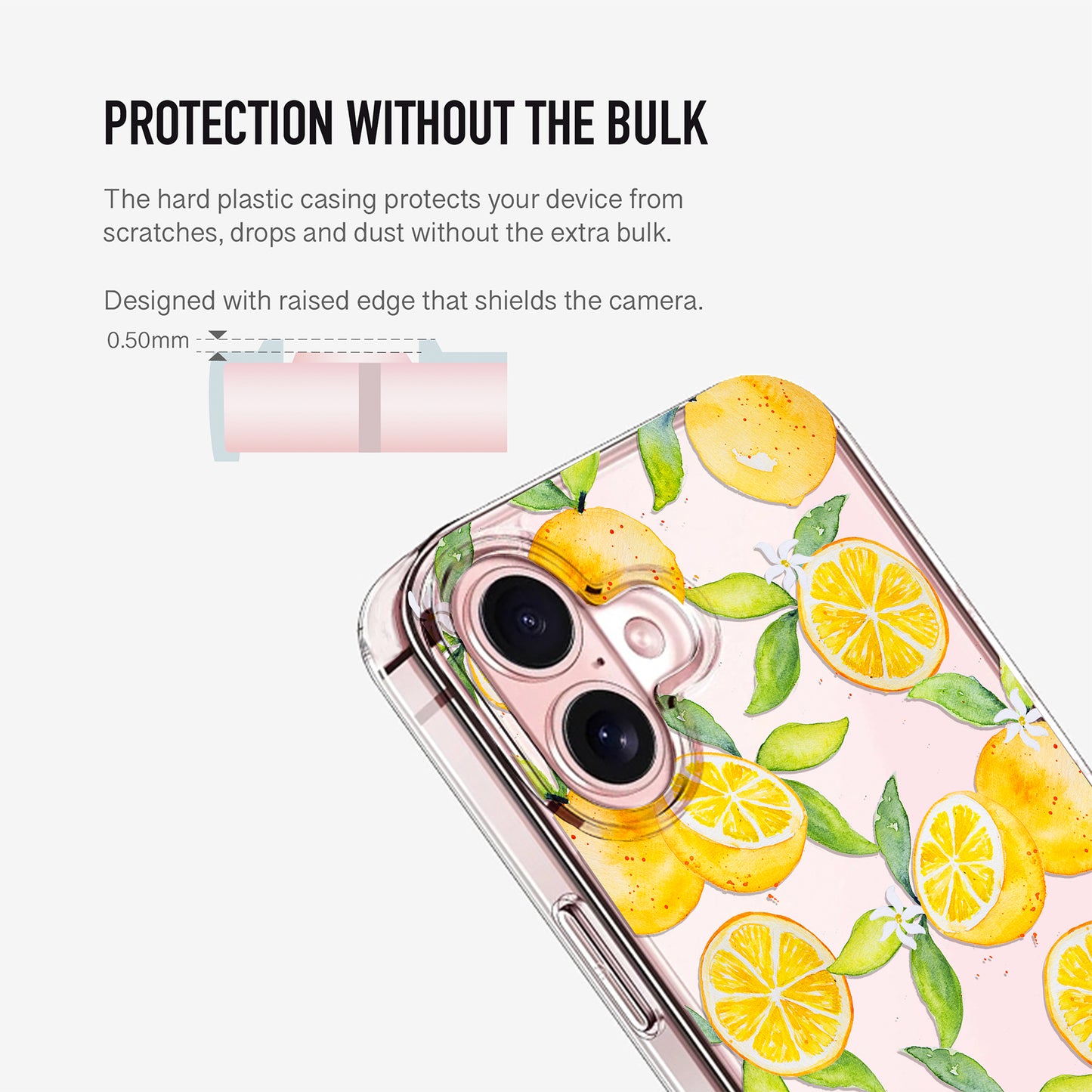 Clear oranges phone case showing raised camera edge for extra lens protection