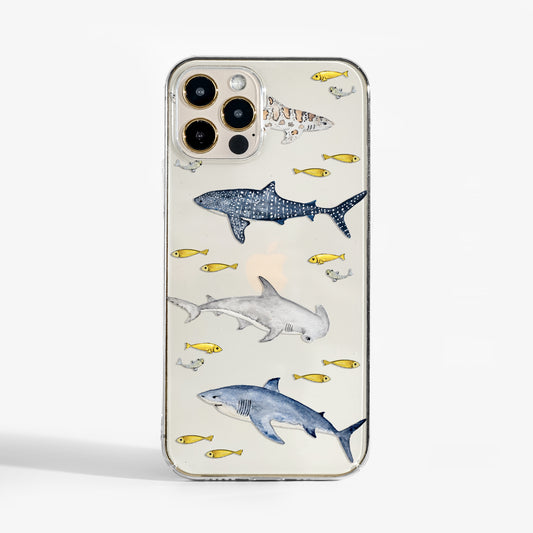 Clear sharks phone case with ocean-inspired illustration on transparent background