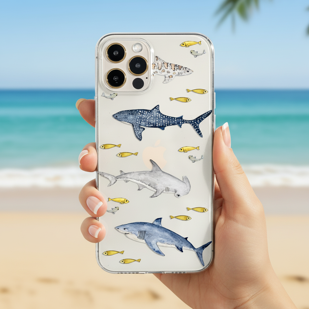 Woman holding clear sharks phone case showing everyday use