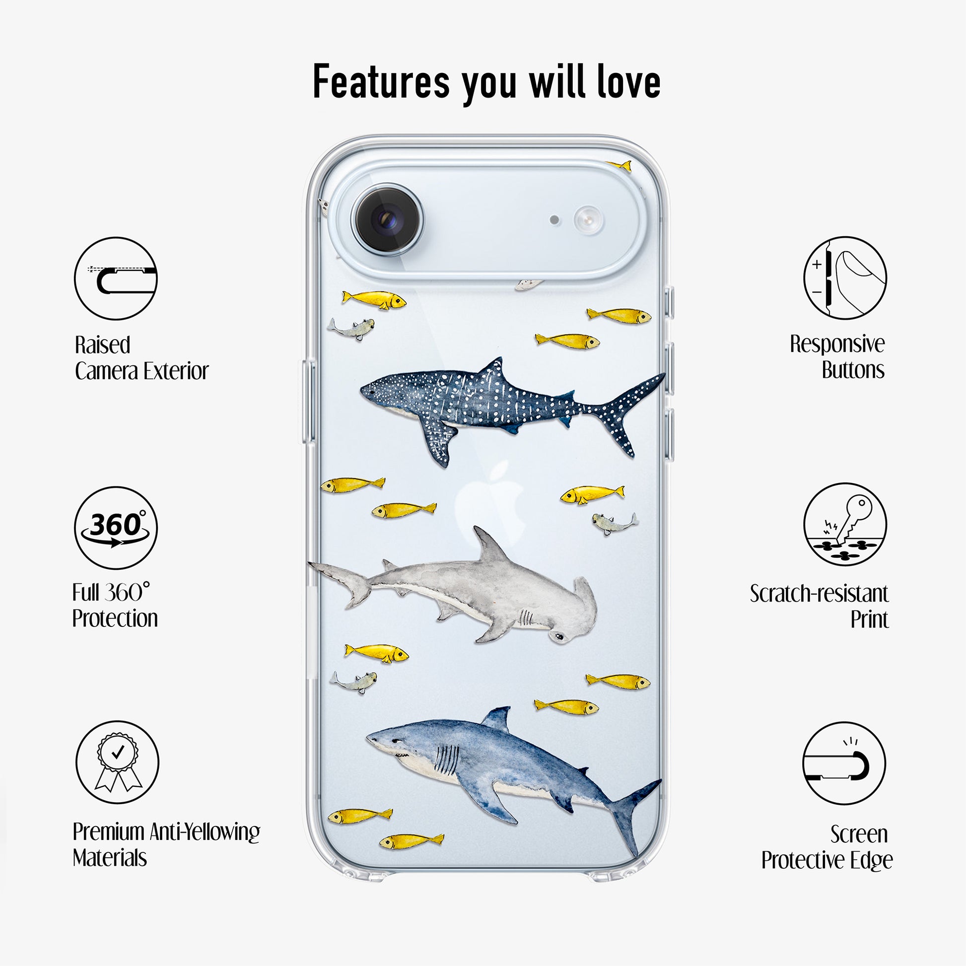 Clear sharks phone case with scratch-resistant UV print and anti-yellow material